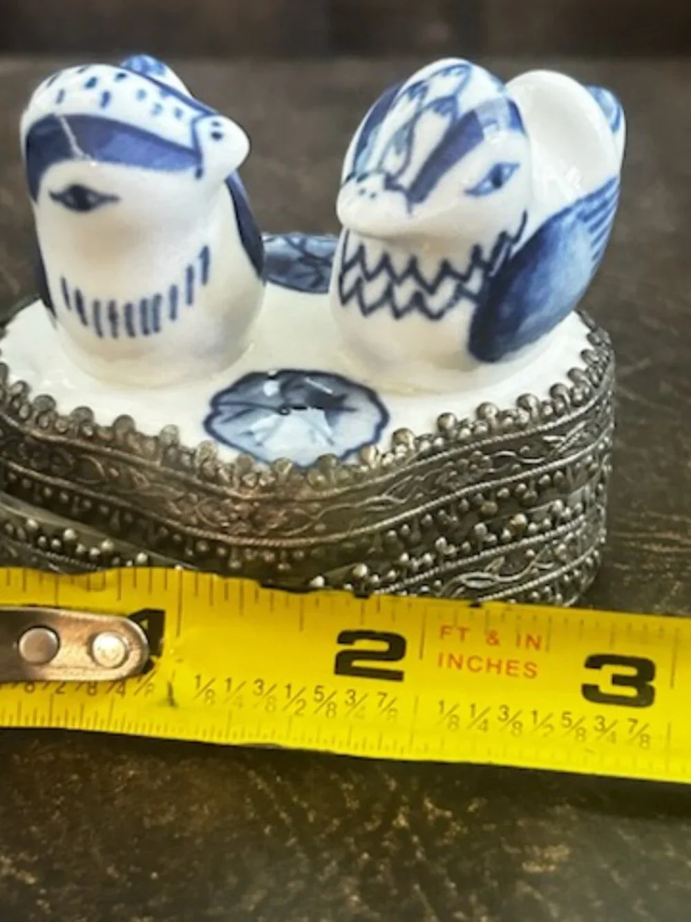 Vintage Blue & White Chinese Silver Plated Trinket Box With Hand-Painted Birds